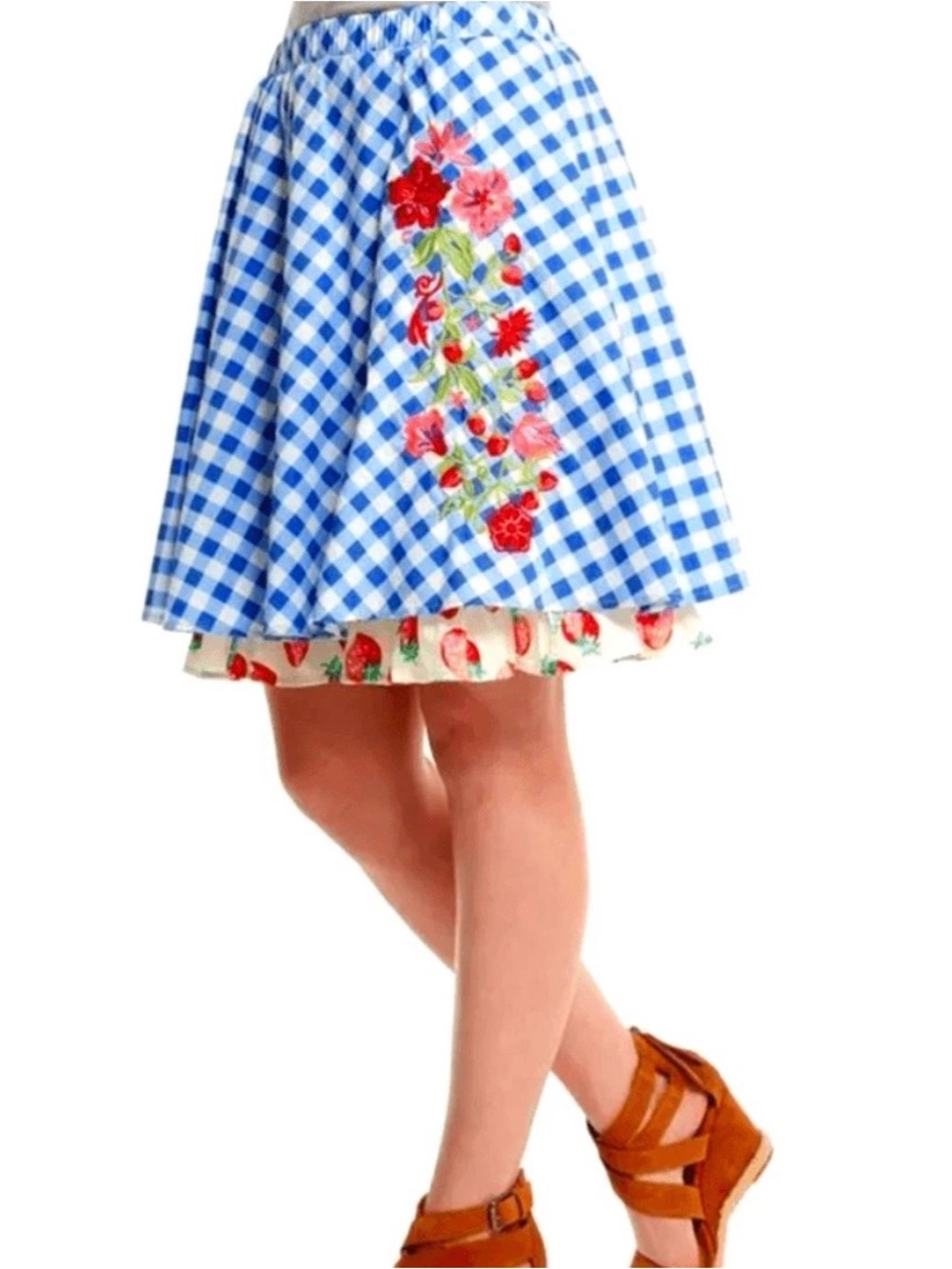 Matilda Jane Dutch Apple Skirt Large Blue Check Embroidered Strawberry Women's M